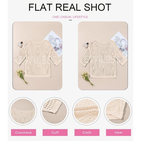 Women's Crochet Knit Top Short Sleeve Beach Cover Up Off Shoulder Casual - Picture 6 of 6